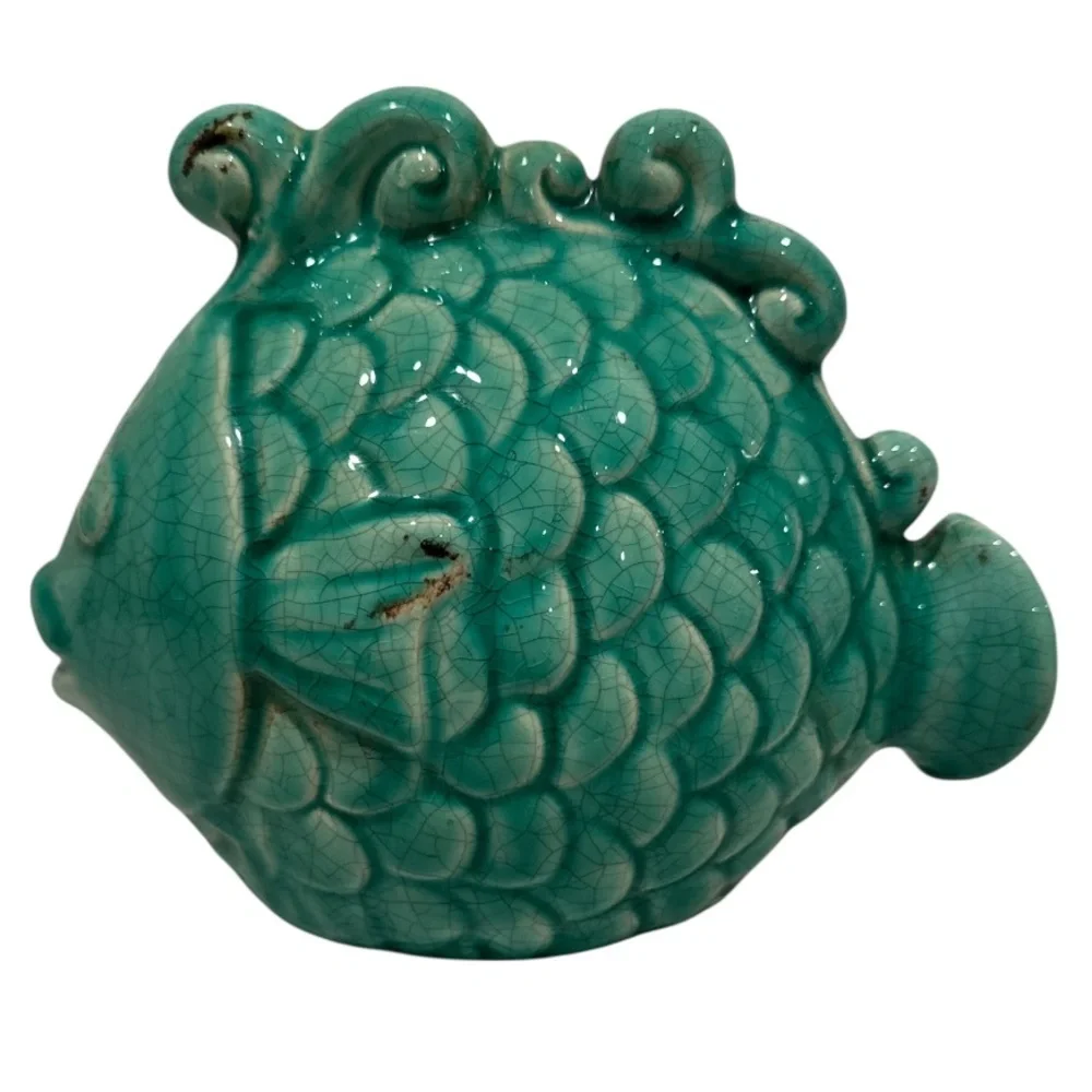 Tozai Home Turquoise Ceramic Fish with Crackle & Distessed Detail